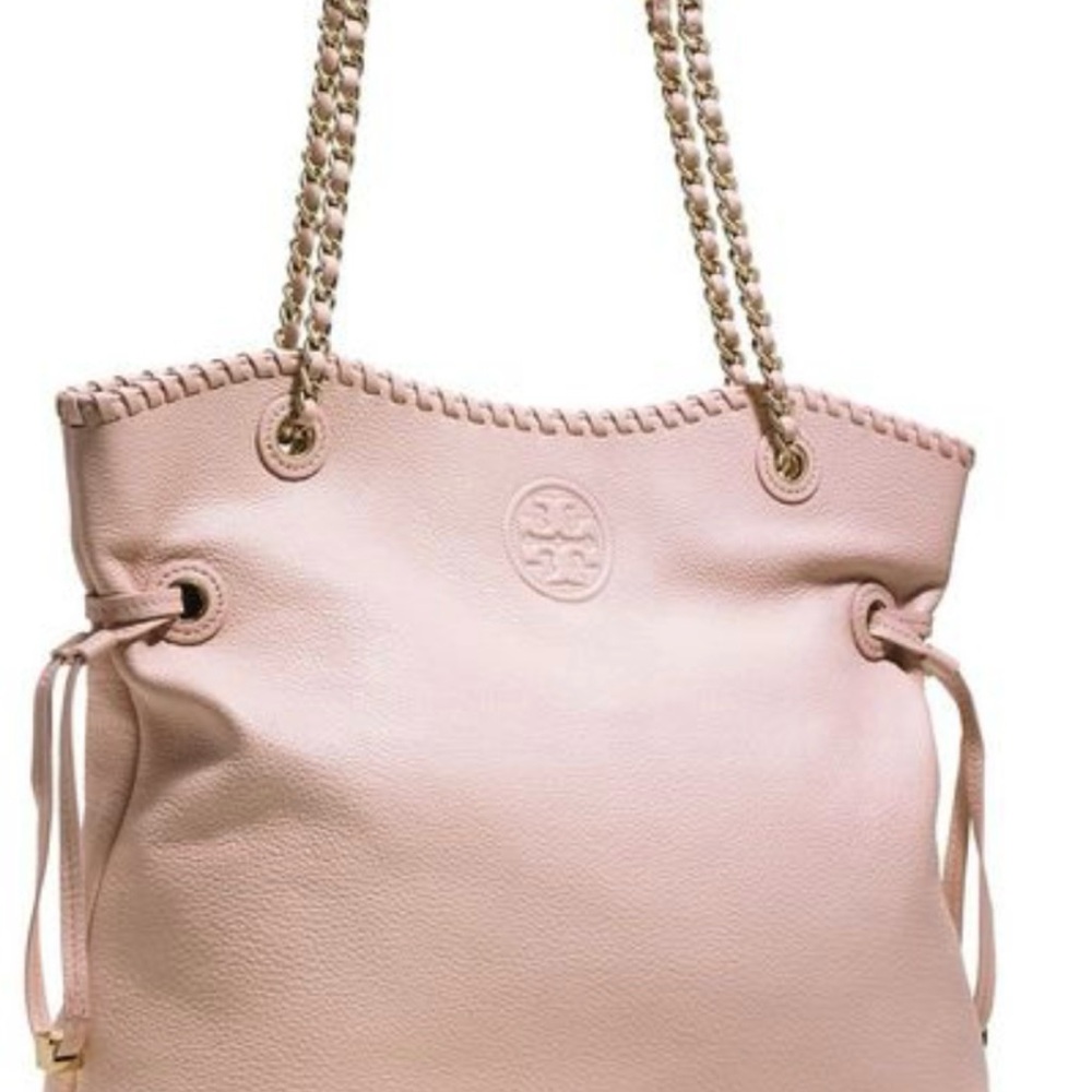 Tory Burch pale pink blush slouchy Marion pebbled leather large tote bag handbag